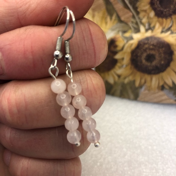 Handmade rose quartz dangle earrings 1” gemstone drop earrings - Picture 2 of 7